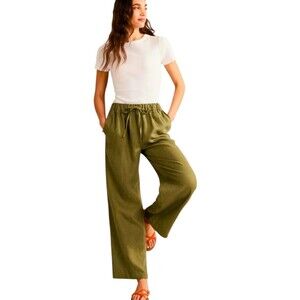 BODEN 100% Linen NWT! Sz 14 Olive Green Wide Leg Lagenlook Casual Elastic Pants